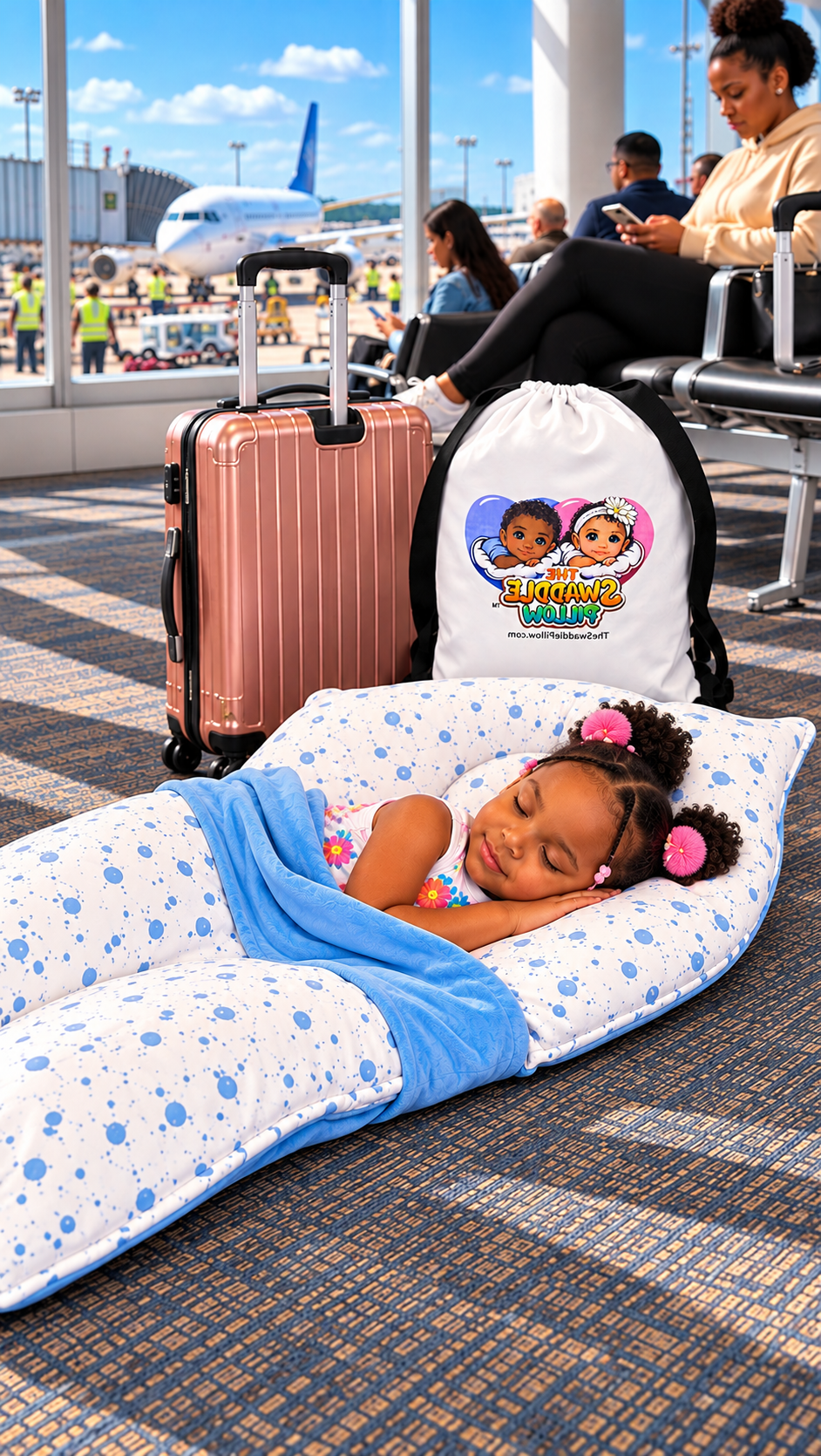 A child rests on a blue and white polkadot Squared-shaped travel pillow with a matching blanket in an airport setting. A white drawstring bag printed with the 'TheSwaddlePillow' logo stands behind the pillow next to a pink suitcase, with airport terminals and an airplane visible in the background.